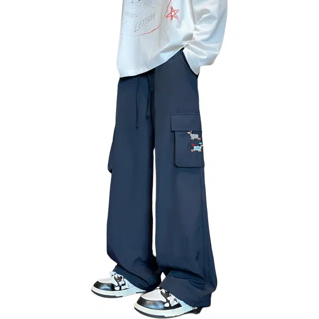 哲源 美式复古高街风卡通动漫腊肠狗多口袋设计感长裤潮牌百搭宽松舒适显高显瘦直筒休闲裤 男女同款