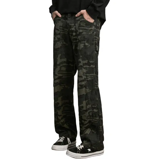 隐狼世家 迷彩男士潮牌美式复古高街百搭宽松微喇工装裤牛仔裤 男款
