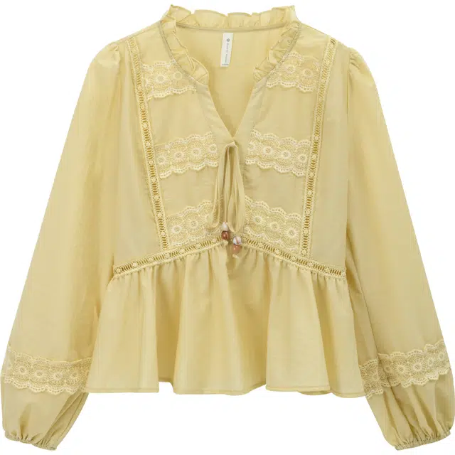 谜秀 早秋蕾丝拼接小衫 珠饰抽绳灯笼袖 法式空气感上衣 女款