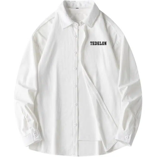 太子龍 灯芯绒文艺慵懒简约纯色口袋字母宽松褶皱复古长袖青少年日常出行百搭衬衫 男款