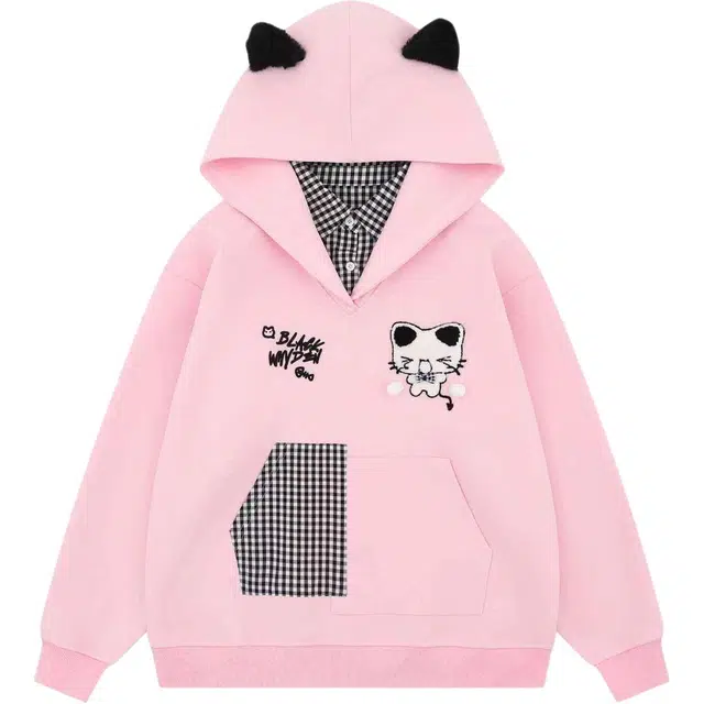 邓大喵 可爱猫咪假两件卡通连帽纯棉女春秋季薄款情侣宽松慵懒风长袖上衣卫衣 女款