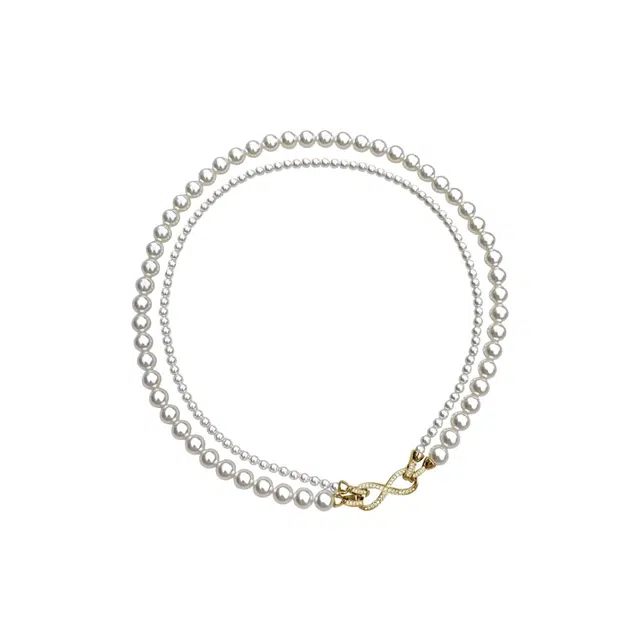 福柚 双层微镶锆石施家珍珠 铜镀金  气质颈链轻奢小众简约设计感高级时尚潮流锁骨链 合金 项链 女款