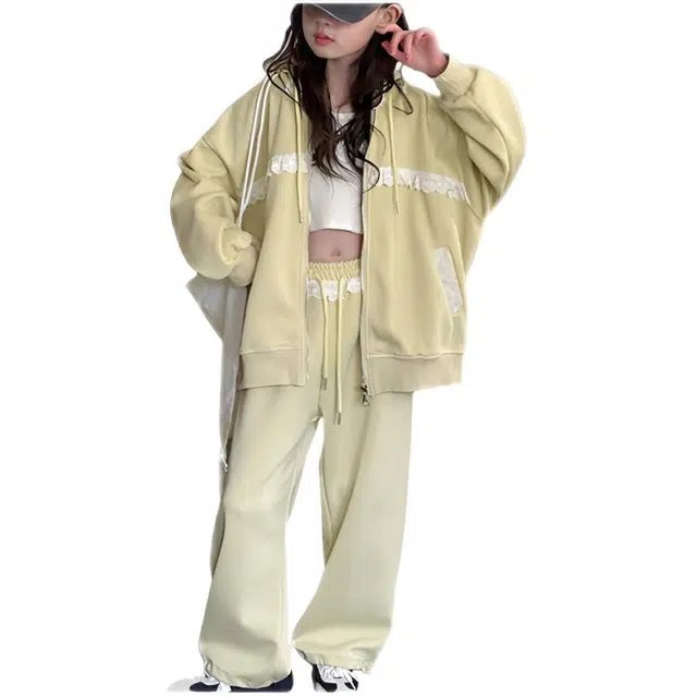 比比我休闲运动套装  女童春秋季花边连帽大童潮牌小孩衣服 小女孩长袖洋气时髦 舒适帅气轻便