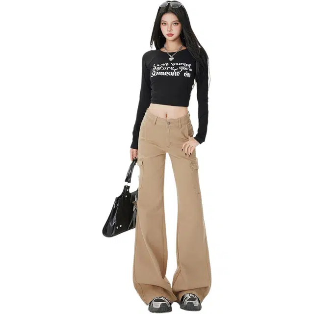 拾籍 美式复古潮流时尚百搭设计多口袋低腰弹力显瘦微喇工装牛仔裤 女款