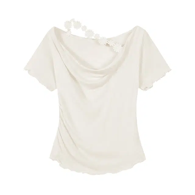 敲模女孩 甜酷风荡领收腰百搭木耳边短袖针织衫 女款