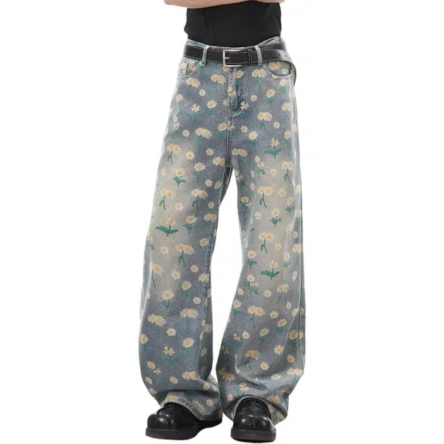 洞洞拐 美式复古花卉设计感气质高腰显瘦牛仔裤 男女同款