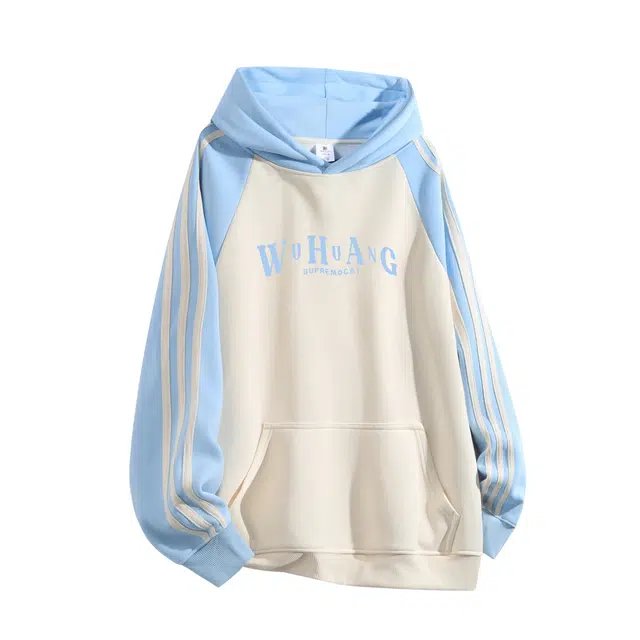 吾皇猫 美式复古潮牌创意手绘字母设计撞色条纹拼接宽松百搭户外运动长袖卫衣 男女同款