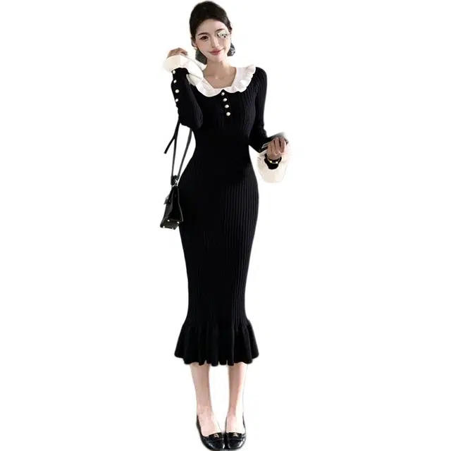 敲模女孩 法式复古纯色娃娃领收腰针织连修身荷叶边鱼尾裙长袖连衣裙 女款