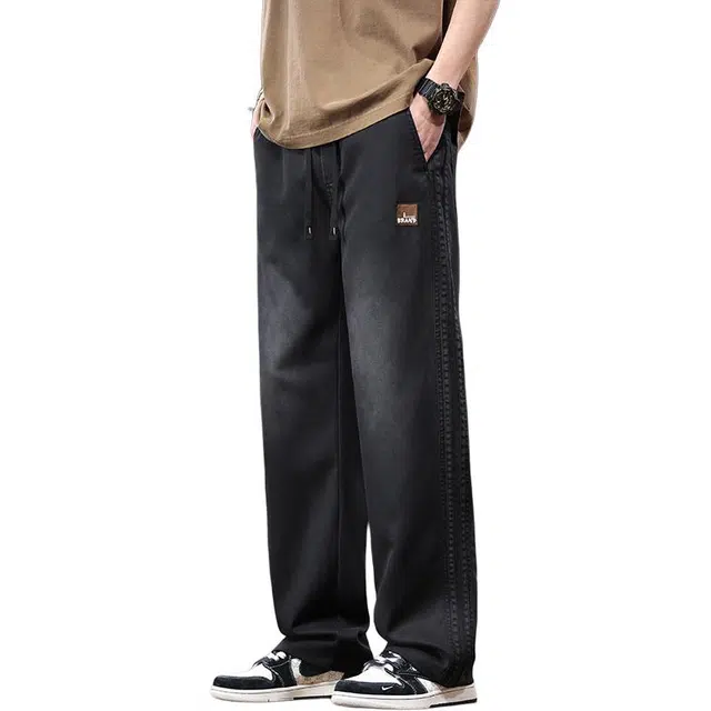 协协乐 复古做旧水洗阔腿春秋宽松直筒美式潮牌条纹运动工装休闲长裤牛仔裤 男款