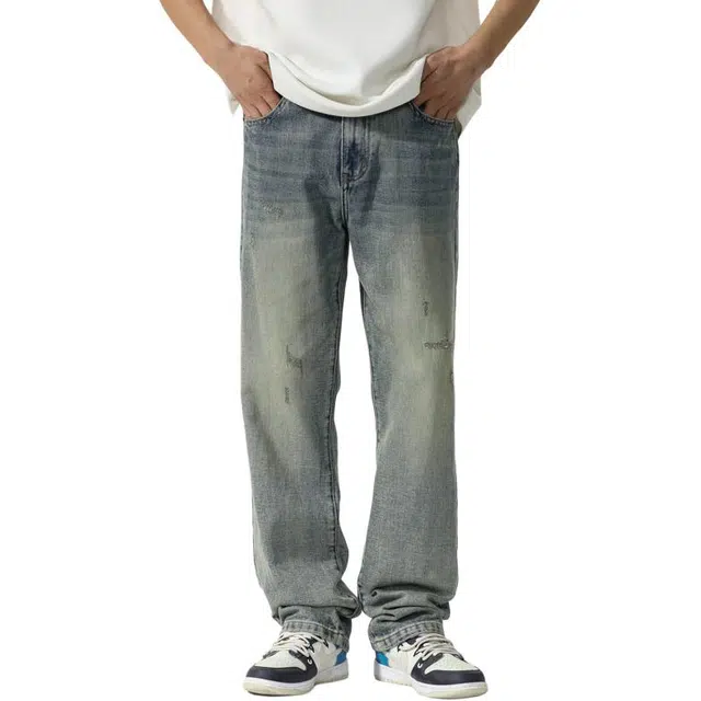 帝狼牛 美式复古水洗做旧休闲中腰宽松直筒垂感牛仔裤 男女同款