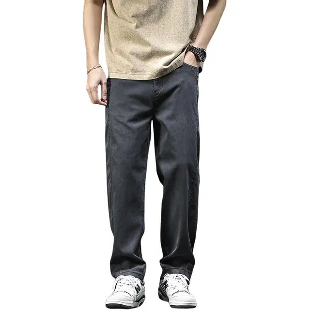 潮人榜 夏季莱赛尔美式复古拼接工装裤男士宽松直筒松紧腰弹力休闲裤 男女同款