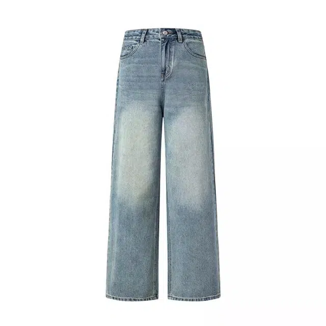淑好百 原创女春秋季复古蓝猫须浅蓝做旧水洗牛仔裤女宽松阔腿裤宽腿中腰时尚百搭舒适休闲长裤 女款