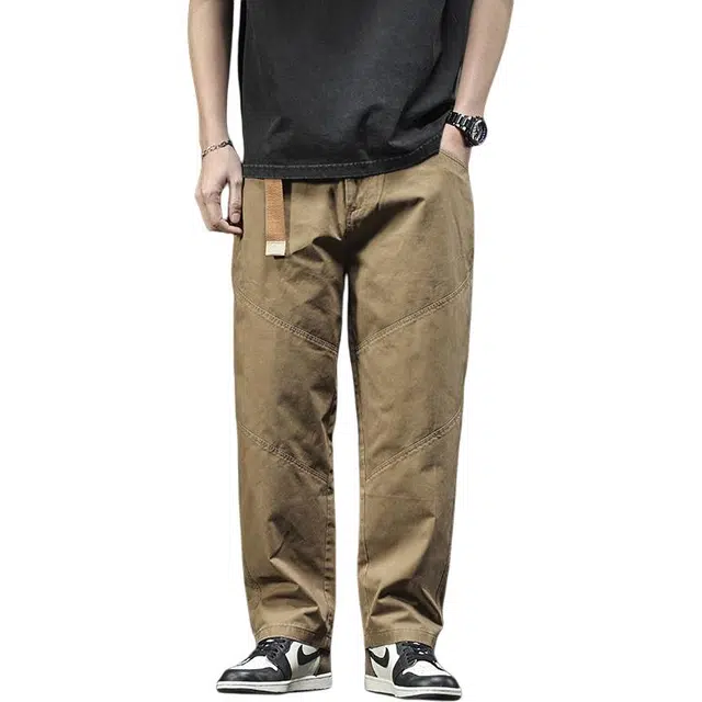 潮人榜 男士微锥直筒长裤纯色春秋美式高街宽松纯棉拼接工装裤休闲裤 男女同款
