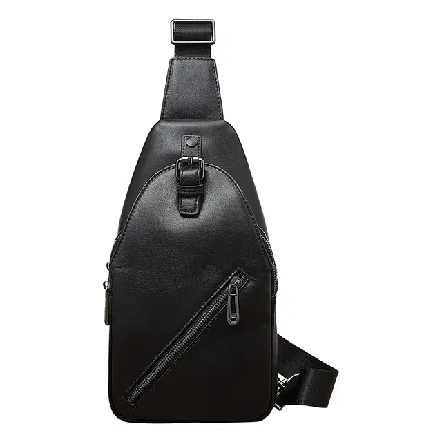 老人头 商务日常通勤百搭简约时尚高级感 头层牛皮 斜挎包胸包 男款 黑色