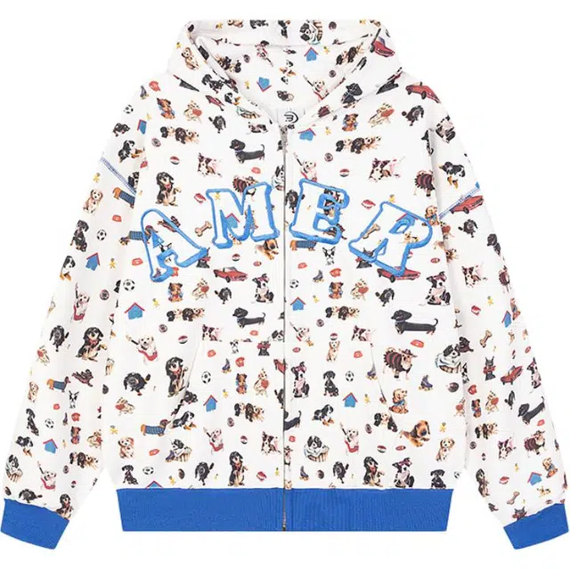 花蔓色 美式复古狗狗满印耳朵连帽宽松休闲辣妹开衫卫衣 女款