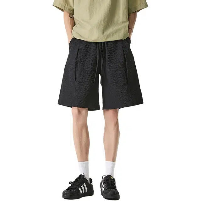 杜克恩 凉感泡泡纱五分裤子夏季薄款纯色直筒沙滩裤裤松紧腰抽绳运动休闲短裤 男女同款