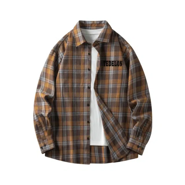 太子龍 美式复古拼接撞色慵懒格子宽松休闲百搭学员风通勤舒适翻领纽扣长袖青少年衬衫 男款