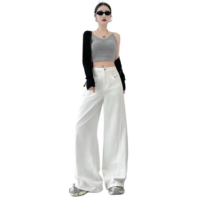 拾籍 潮流时尚复古高腰设计简约百搭宽松显瘦休闲阔腿牛仔裤 女款