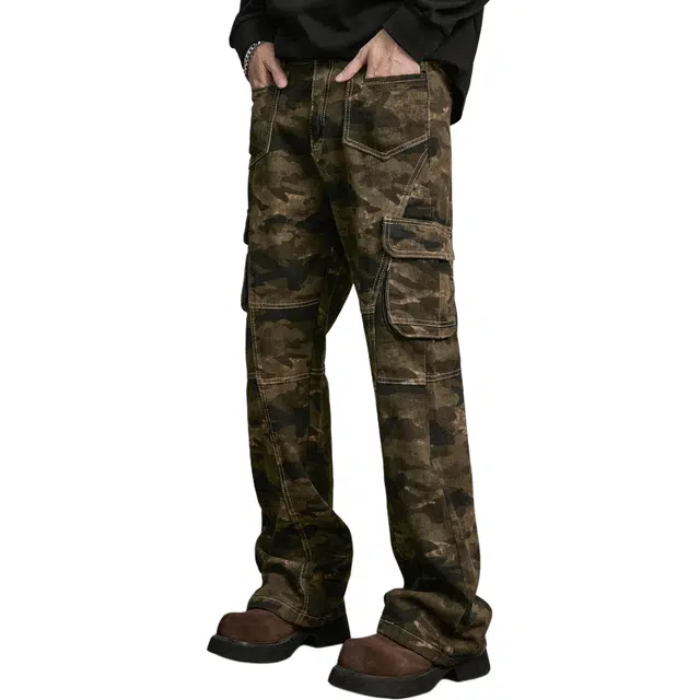 隐狼世家 美式复古男高街多口袋微喇修身显高休闲工装裤牛仔裤 男款