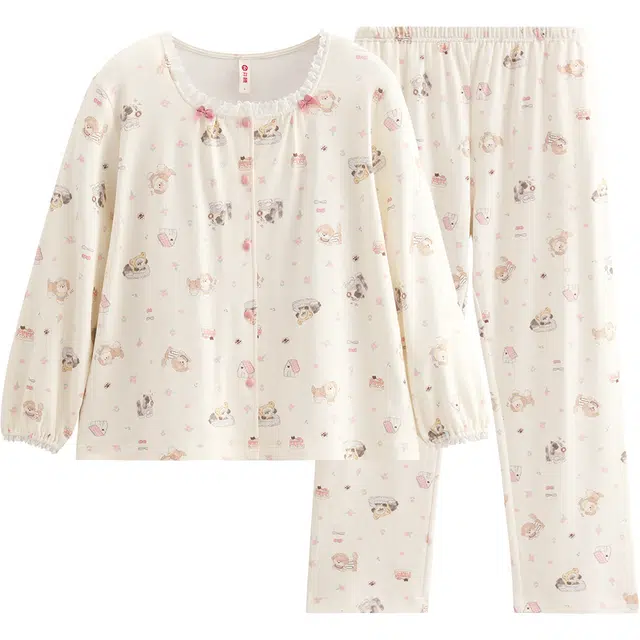 芬腾 女士春秋季纯棉开衫长袖可爱卡通休闲宽松家居服睡衣套装 女款