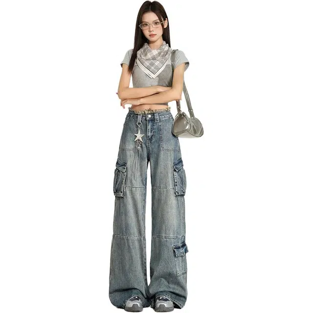 拾籍 美式街头甜酷风高腰宽松垂感多口袋毛边腰头工装阔腿牛仔裤 女款