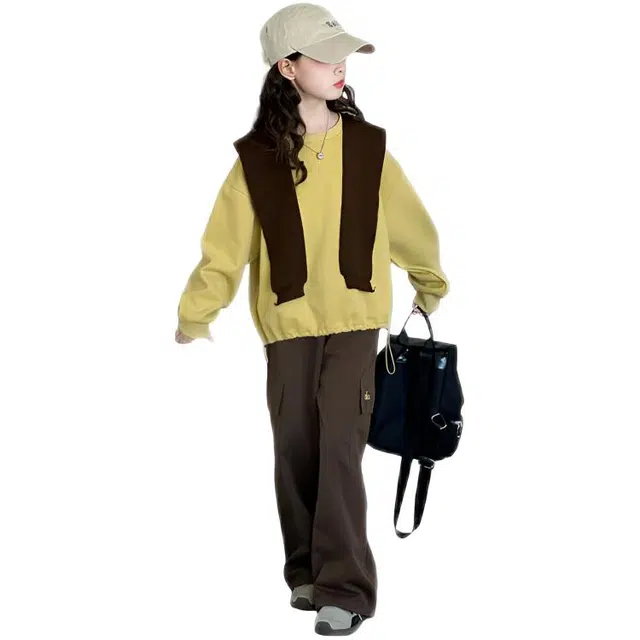 天才小熊休闲运动套装  女童春秋季卫衣披肩工装裤大童潮牌小孩衣服 小女孩长袖洋气时髦 舒适帅气轻便