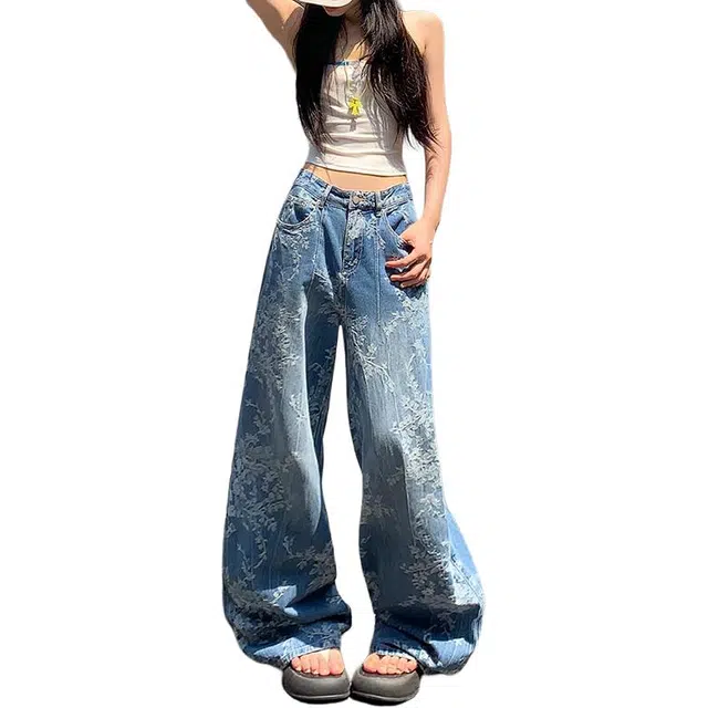 如续 美式复古小众提花设计宽松阔腿女舒适简约牛仔裤 女款