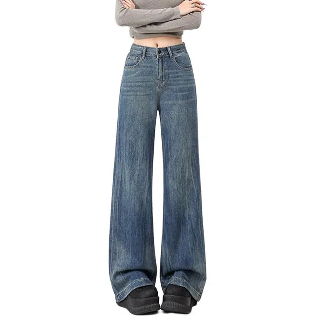 么宁 美式复古阔腿高腰垂感宽松慵懒风拖地裤牛仔裤 女款