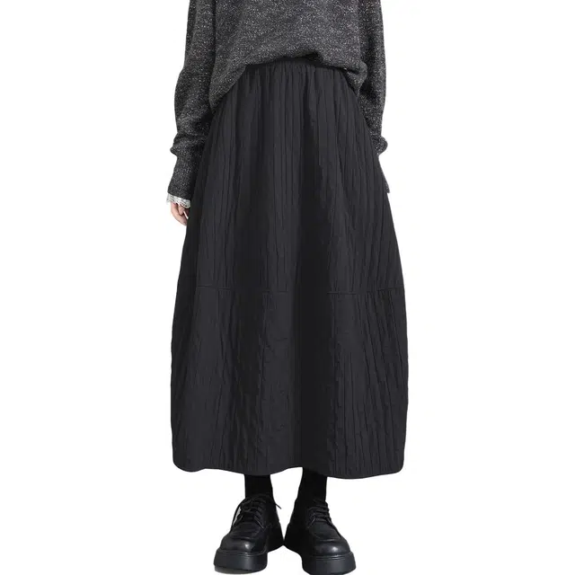 她池 高腰花苞裙简约通勤松紧腰宽松款休闲长裙 女款