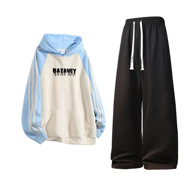 吾皇猫 潮牌复古拼接条纹连帽插接袖时尚百搭基础款宽松直筒户外 休闲运动套装 男女同款