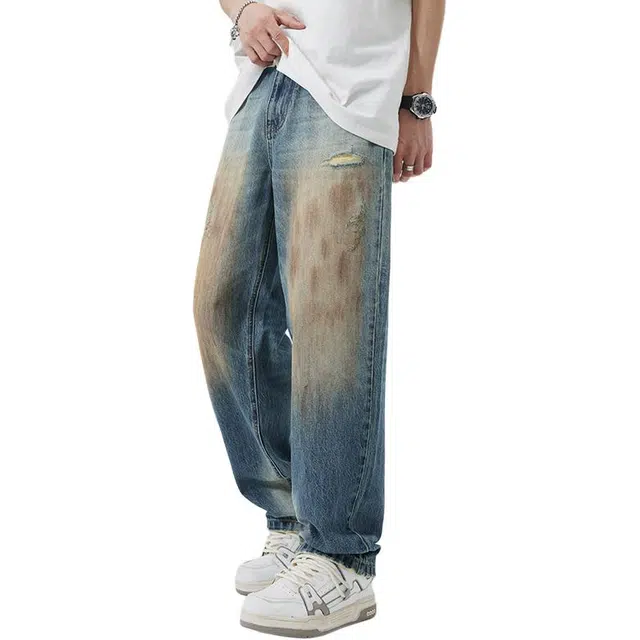 帝狼牛 美式高街轻奢破洞脏脏直筒宽松休闲百搭复古水洗做旧牛仔裤 男女同款