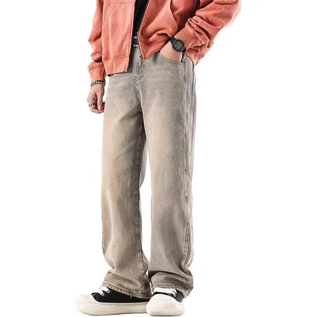 帝狼牛 美式潮牌复古休闲重工水洗扎染情侣宽松直筒个性潮流百搭街头潮品款弯刀牛仔裤 男女同款