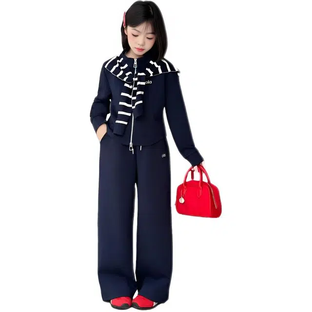 天才小熊休闲运动套装 女童春秋季字母条纹披肩大童潮牌小孩衣服 小女孩长袖洋气时髦 舒适帅气轻便