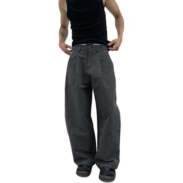 唐启 老钱风格子裤夏薄款格纹弯刀裤子直筒微喇阔腿裤低腰休闲裤 男女同款