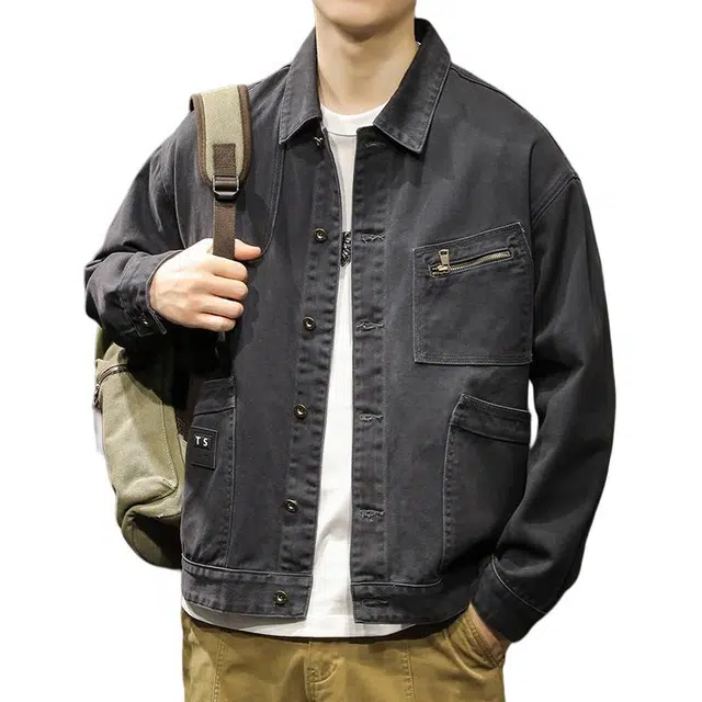 路杰邦  美式复古牛仔外套男秋季潮牌宽松翻领夹克上衣百搭潮流时尚工装衣服衬衫 男女同款