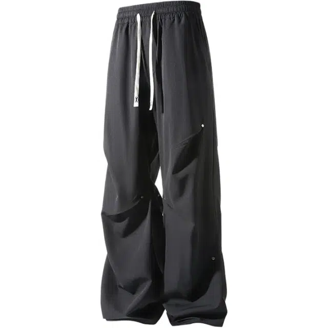 特斯型 美式铆钉伞兵裤潮牌宽松直筒褶皱高街运动休闲裤 男女同款