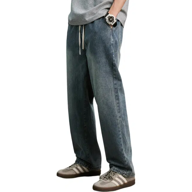 隐狼世家 复古男潮牌宽松水洗百搭直筒休闲阔腿裤牛仔裤 男款