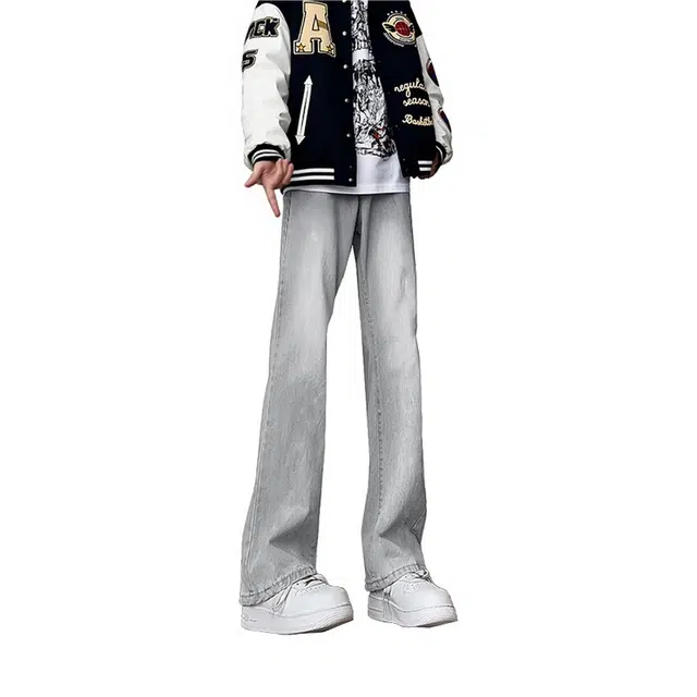 物质公式 美式复古高街水洗做旧痞帅基础款休闲运动废土风高级感通勤宽松百搭柔软弹力窄版显高显瘦显腿长垂感潮流微喇弯刀牛仔裤 男女同款