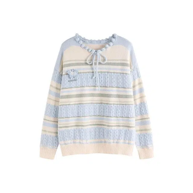 木清清 软糯绑带领撞色条纹复古学院风套头针织衫 女款