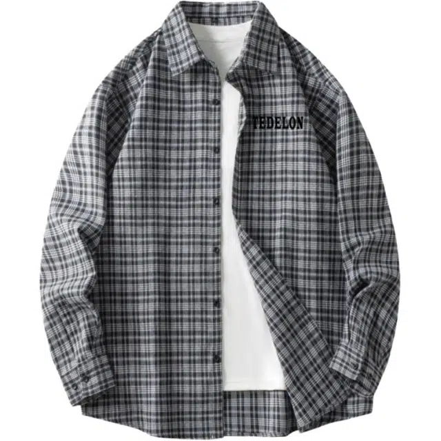 太子龍 日系复古潮流格子宽松百搭休闲翻领格纹长袖青少年日常通勤衬衫 男款