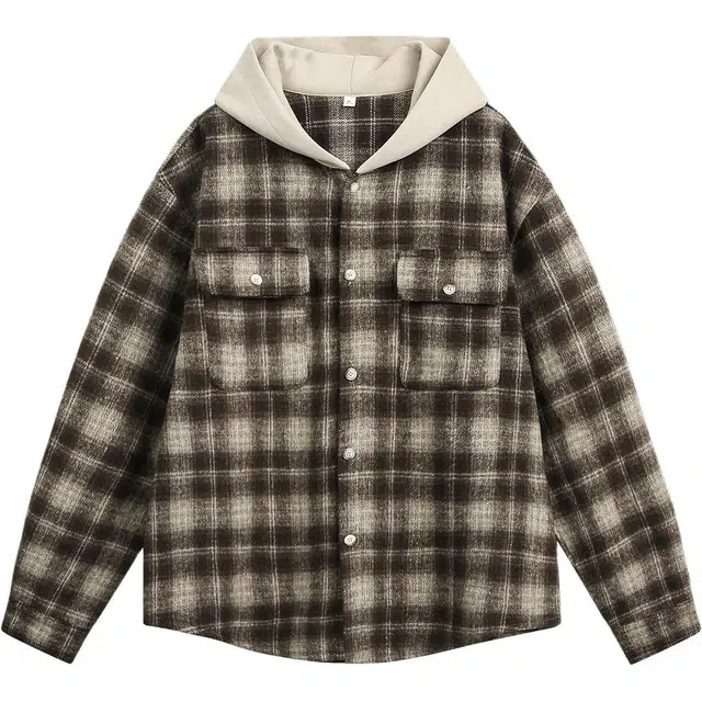 金盾 复古潮牌格子撞色磨毛连帽拼接长袖衬衫外套 男女同款