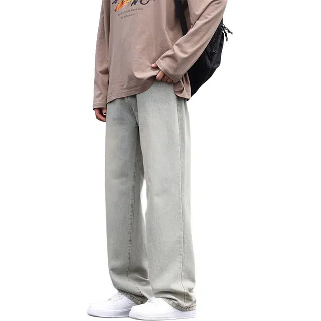 寻星记 美式复古水洗做旧渐变直筒高街风休闲宽松透气百搭牛仔裤 男女同款