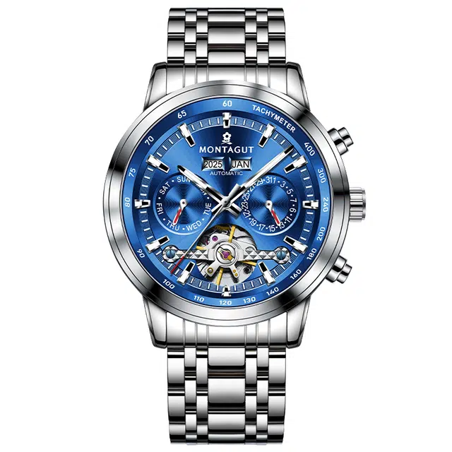 梦特娇 全自动机腕表职场商务潮流时尚日常通勤百搭休闲 自动机械机芯 精钢表带 国表 男表 蓝色表盘 防晒夜光镂空陀飞轮