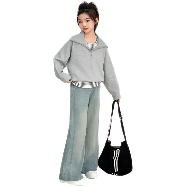 天才小熊休闲运动套装 女童春秋季条纹背心加外套加牛仔裤大童潮牌小孩衣服 小女孩长袖洋气时髦 舒适帅气轻便