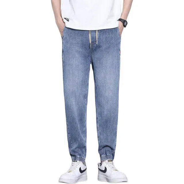 宝米卡 高街美式潮牌百搭休闲宽松紧腰束脚哈伦牛仔裤 男女同款