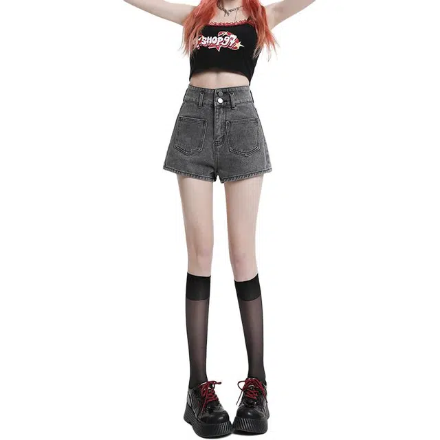 如续 韩版时尚高腰夏季女装百搭显瘦宽松复古阔腿裤牛仔短裤 女款