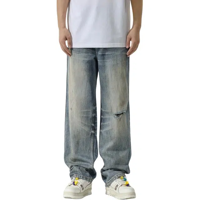 帝狼牛 美式潮牌水洗磨白做旧破洞宽松猫须脏脏直筒垂感休闲拖地牛仔裤 男女同款