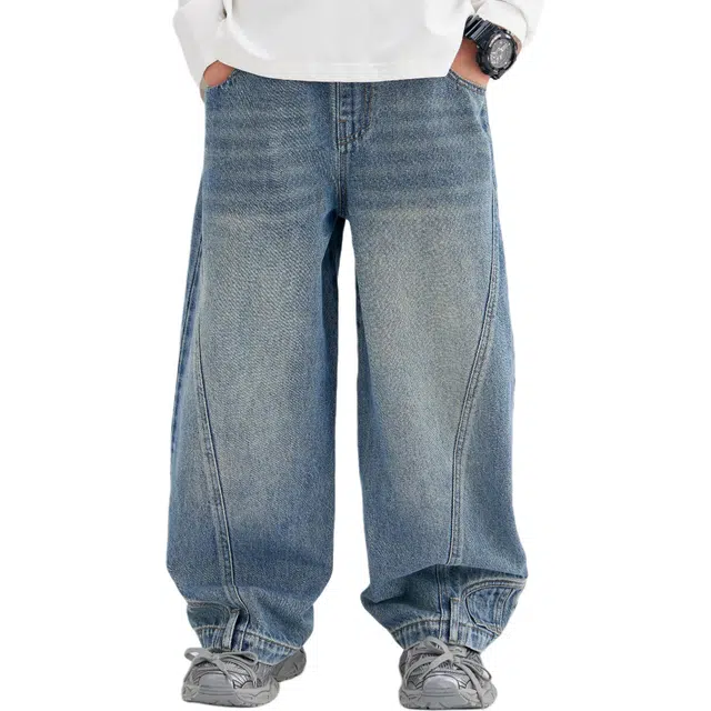 左西牛仔裤 水洗磨白破洞弧形分割潮酷直筒 中小童