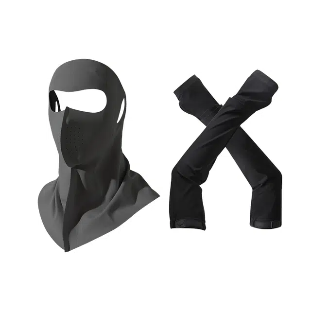 南极人 夏季冰丝透气全脸防紫外线无痕立体脸基尼护颈一体户外骑行开车遮阳护手臂套冰袖套装护袖冰凉 轻薄 防晒面罩 男款