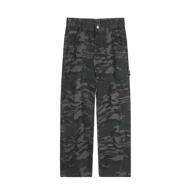 隐狼世家 迷彩男士潮牌美式复古高街百搭宽松微喇工装裤牛仔裤 男款